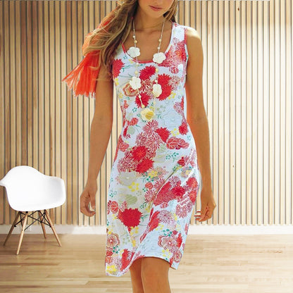 European And American Floral Print U-neck Sleeveless Beach Vacation Mid-length Dress