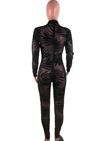 Bandage Long Sleeve One Piece Bamboo Leaf Mesh Jumpsuit