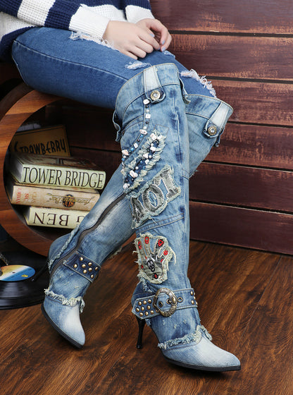 Women's String Beads High-heeled Denim Stiletto Heel