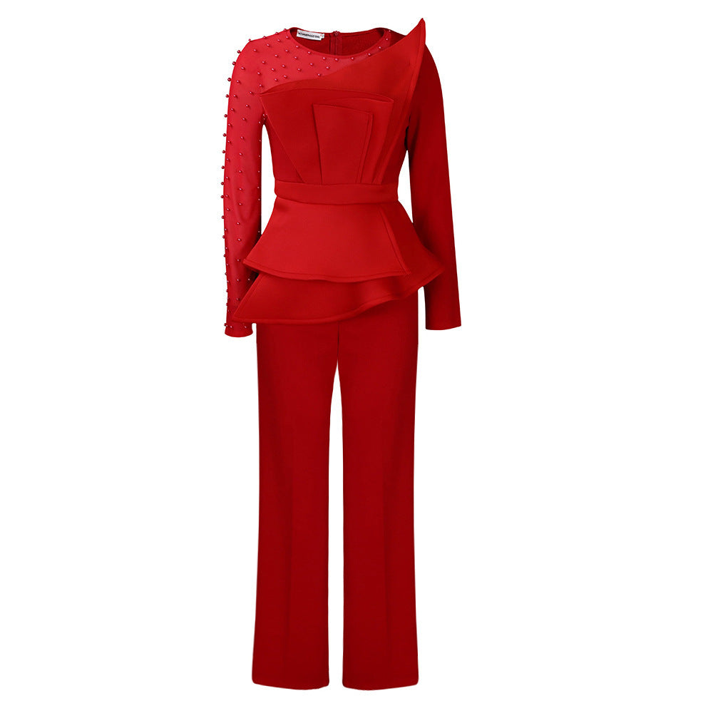 Long Sleeve Mesh Splicing Beads Banquet Plus Size Jumpsuit