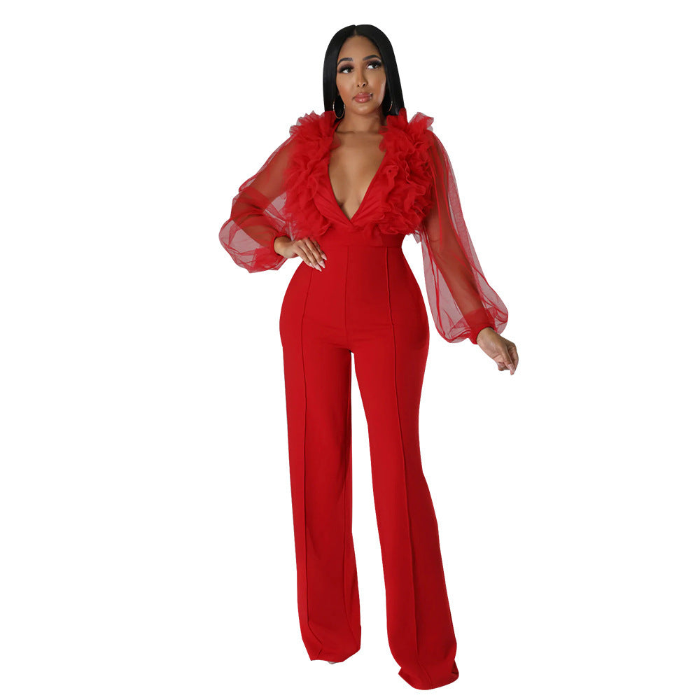 Mesh Lantern Sleeve V-neck Backless Jumpsuit