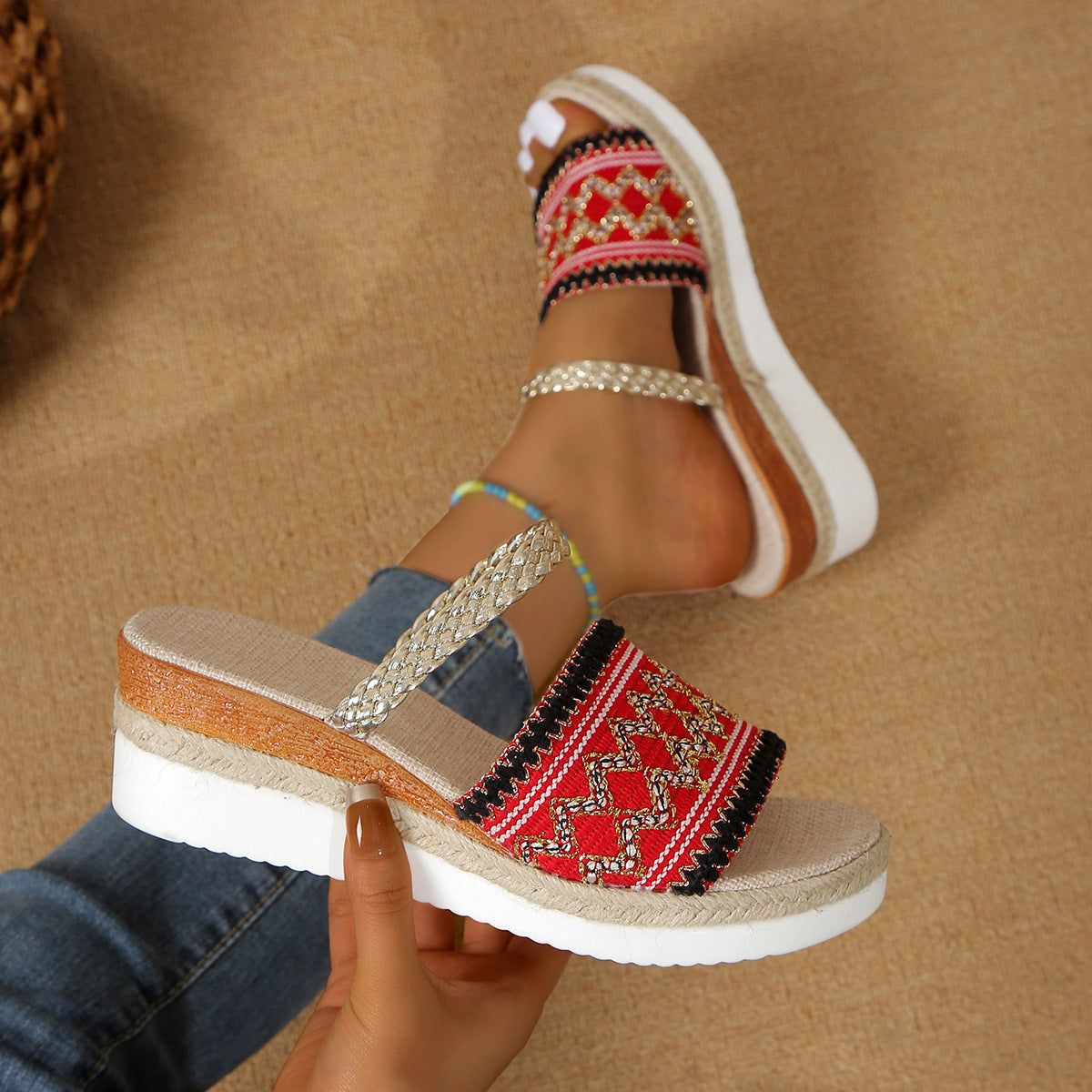 New Color-blocked Wave-patterned Sandals Summer Fashion Wedges Slippers Outdoor Ethnic Style One-line Thick-soled Shoes For Women